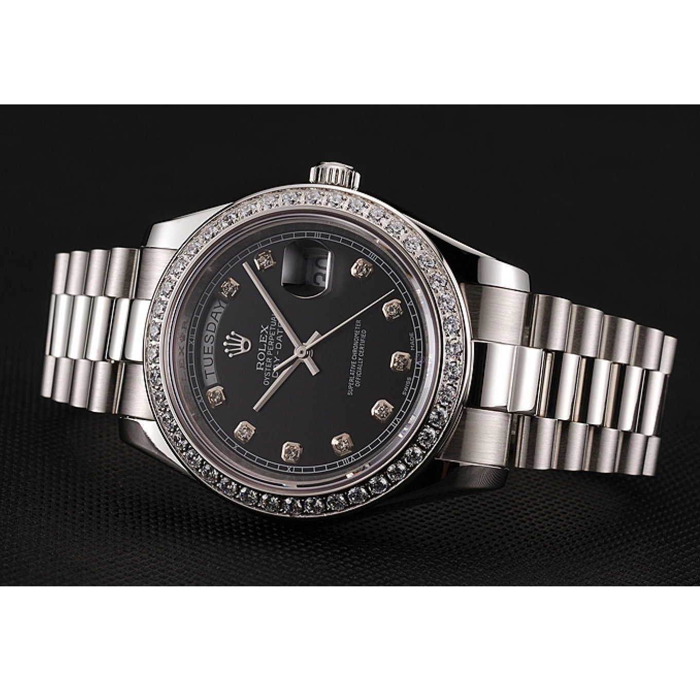 Good copy rolex watches Diamond Numerals Rolex Black Bracelet Day-Date Stainless Case 1453965 Steel Diamond Dial Swiss 0605